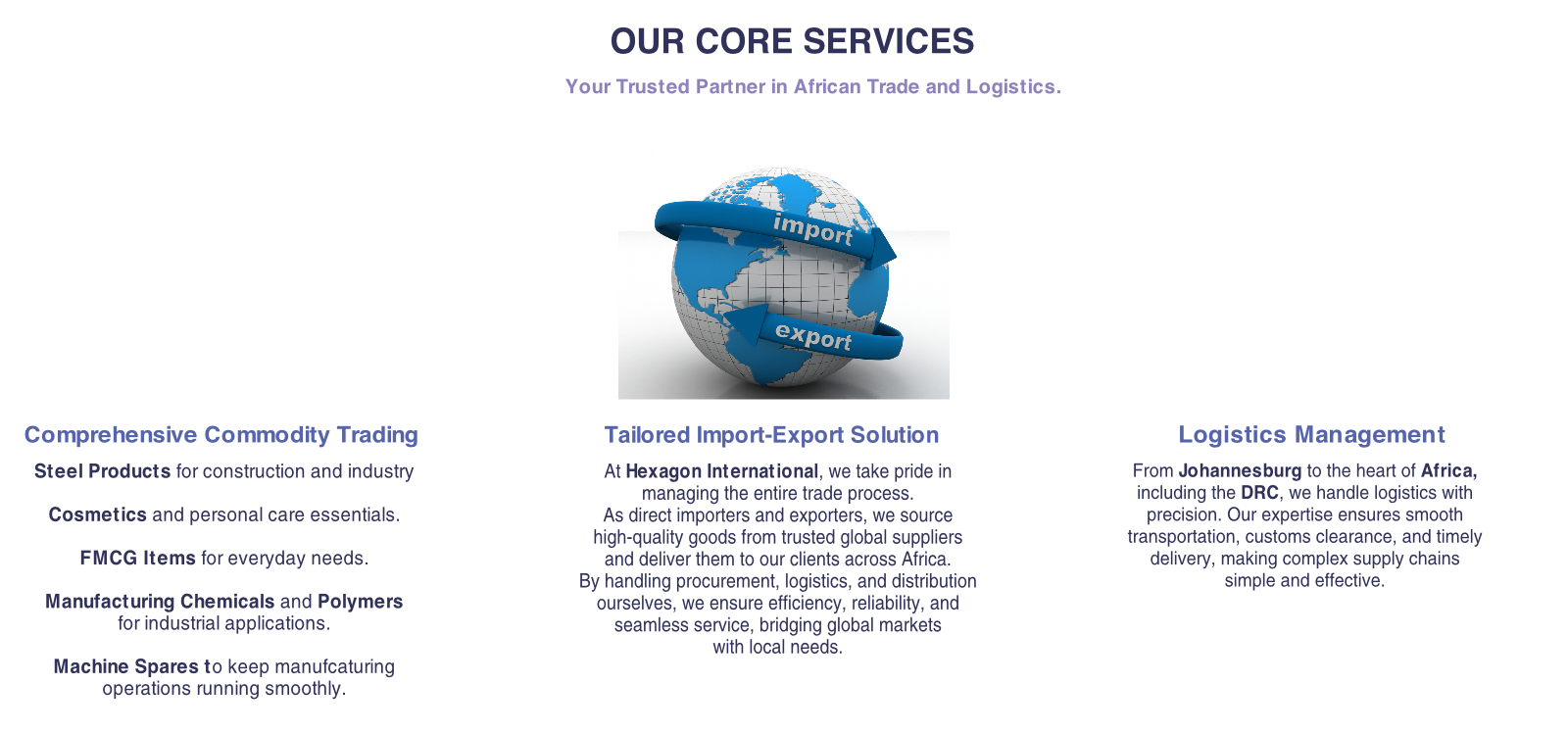 From Johannesburg to the heart of Africa, 
including the DRC, we handle logistics with 
precision. Our expertise ensures smooth 
transportation, customs clearance, and timely 
delivery, making complex supply chains 
simple and effective. 
